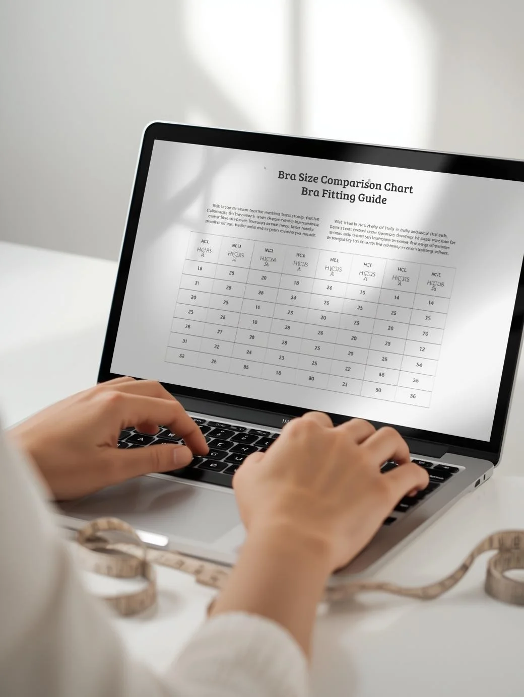 Laptop displaying a Bra Size Guide and Bra Size Calculators page, comparing UK bra sizes across brands like Bravissimo, Freya, Fantasie, Elomi, Panache, and Triumph
