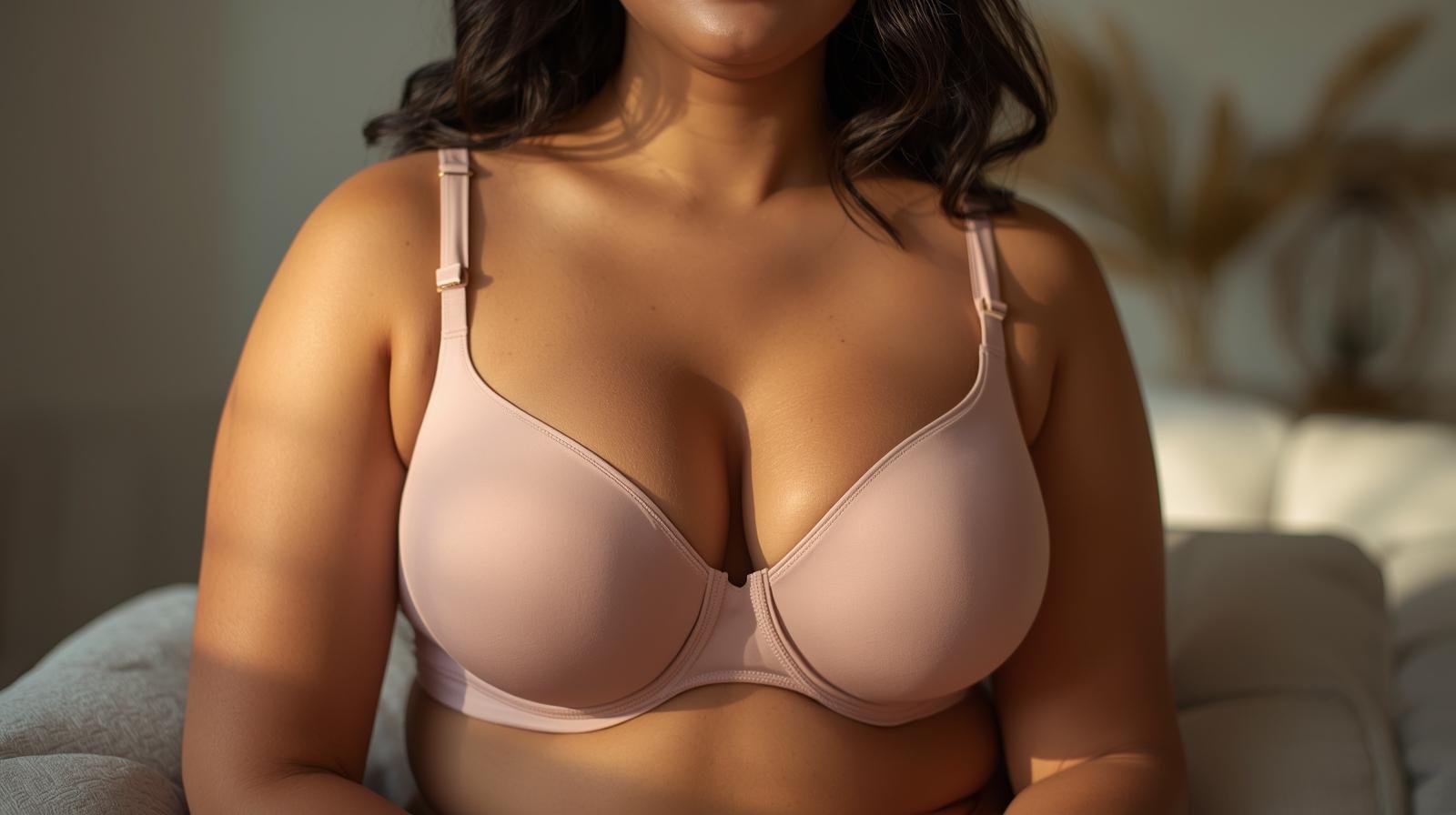 Close-up view of a smooth moulded T-shirt bra showing cup shape and fit