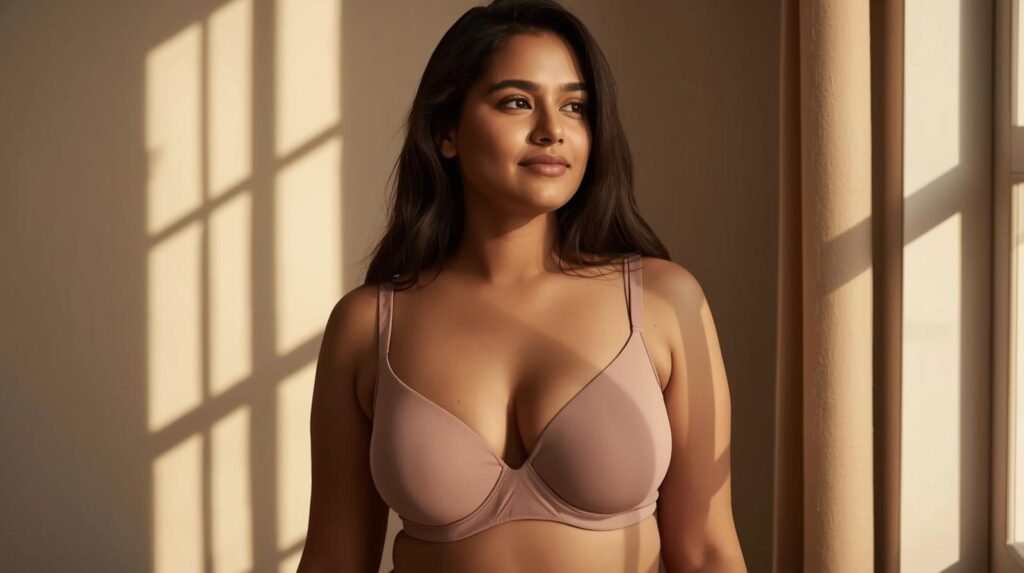 Best bras for sagging breasts - Woman wearing a supportive seamless T-shirt bra in a neutral tone, shown in soft natural light for everyday comfort and lift