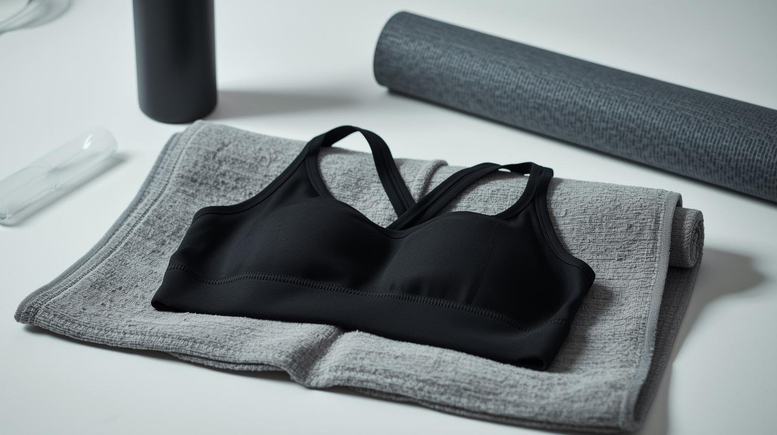 Sports bra flat lay displayed on gym towel with water bottle